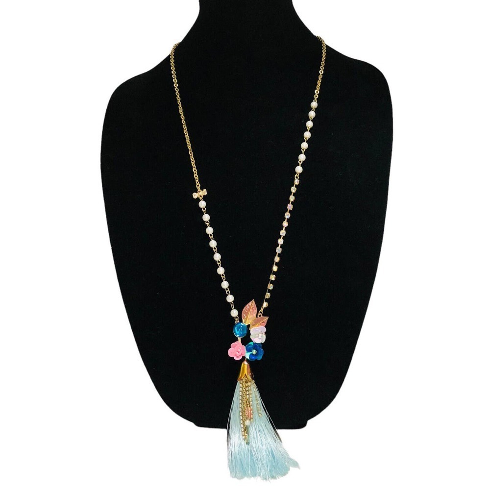 Betsy Johnson Floral Flowers Tassel Rhinestones Faux Pearl Necklace 33”